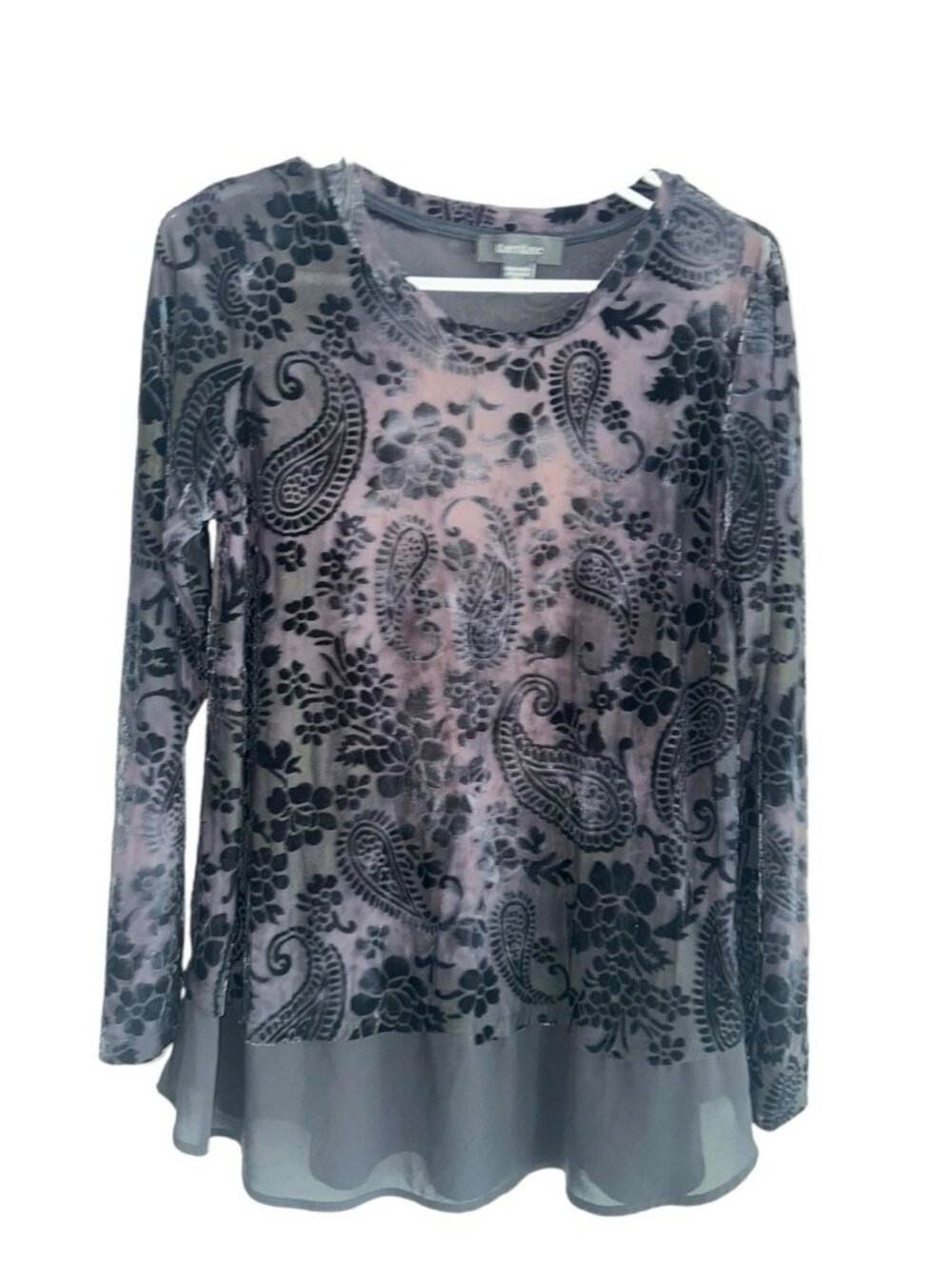 Karen Kane Black Velvet Burnout Long Sleeve Tunic Top Whimsigoth Witchy Size L